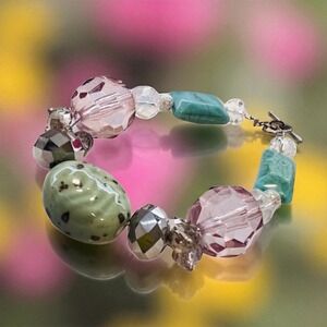 Jasper Amazonite Bracelet with Glass Lavender Crystal Beads Chunky‎ Toggle Clasp